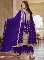 Pure Chinnon Purple Traditional Wear Embroidery Work Readymade Palazzo Suit